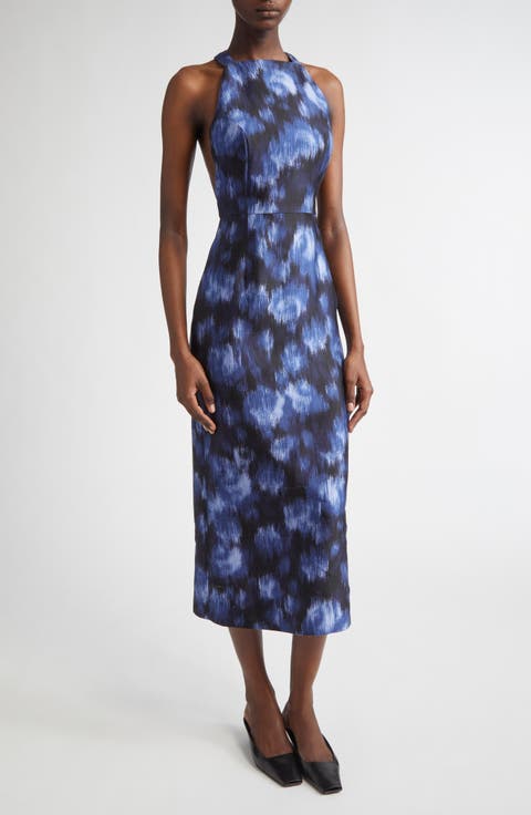 Print Wool & Silk Sheath Midi Dress