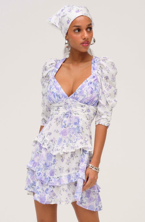 For Love & Lemons Rosalyn Print Ruffle Puff Sleeve Minidress In Purple