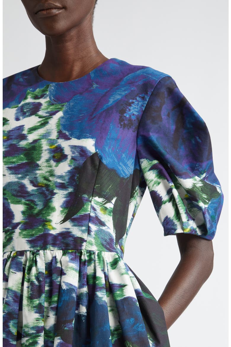 Floral Pleated Cotton Faille A-Line Midi Dress, Alternate, color, BLUE