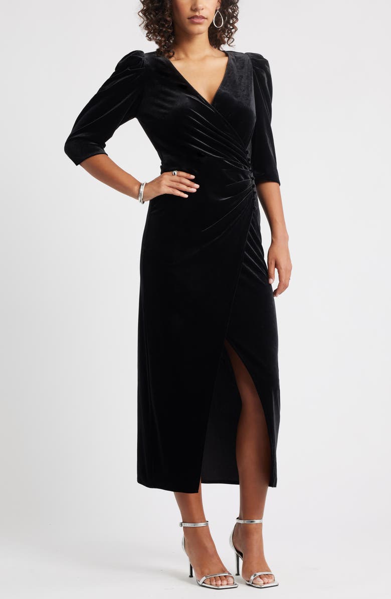 Chelsea28 Faux Wrap Velvet Midi Cocktail Dress, Main, color, Black