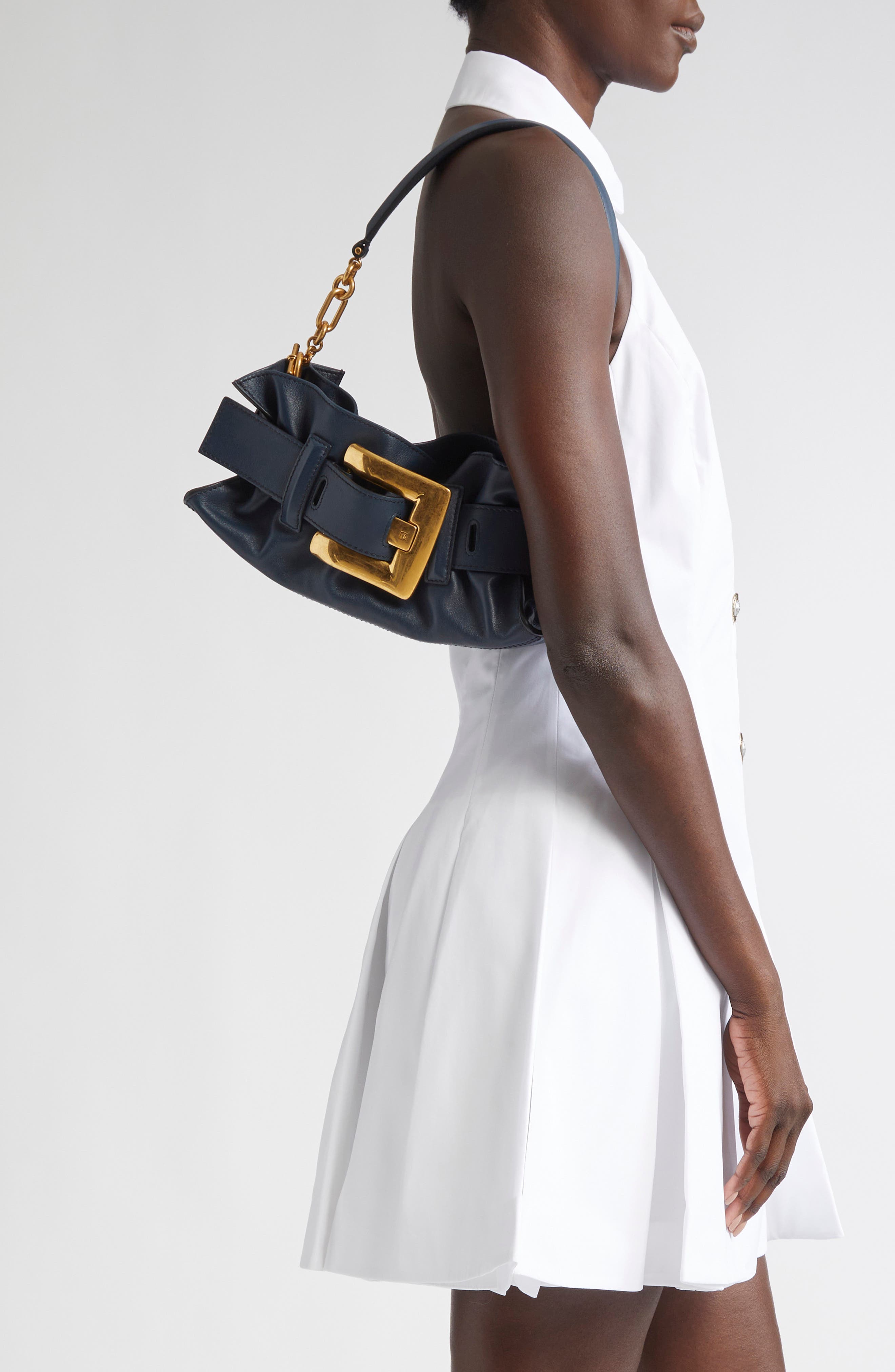 Balmain Mini Anthem Leather Shoulder Bag, Alternate, color, Oil