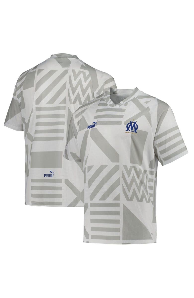 PUMA Men's Puma White Olympique Marseille Pre-Match V-Neck Top, Main, color,