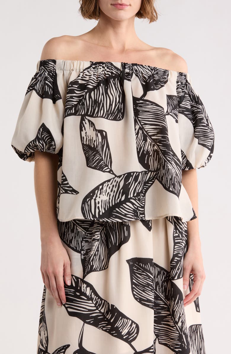 Ellen Tracy Off the Shoulder Puff Sleeve Top, Main, color, Black Marshmallow Botanica