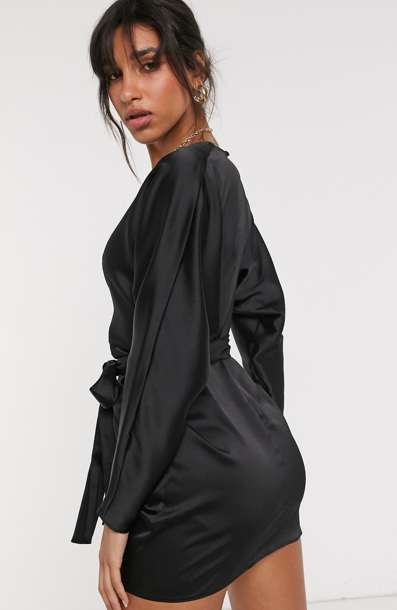 ASOS DESIGN Batwing Long Sleeve Faux Wrap Satin Minidress, Alternate, color, 