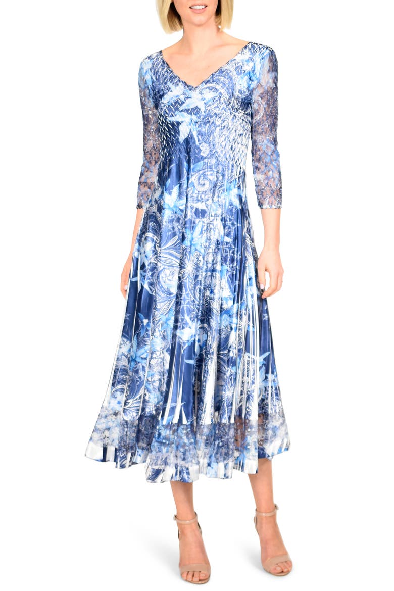 Floral Print Charmeuse Tea Length Dress, Main, color, LAVISH INK