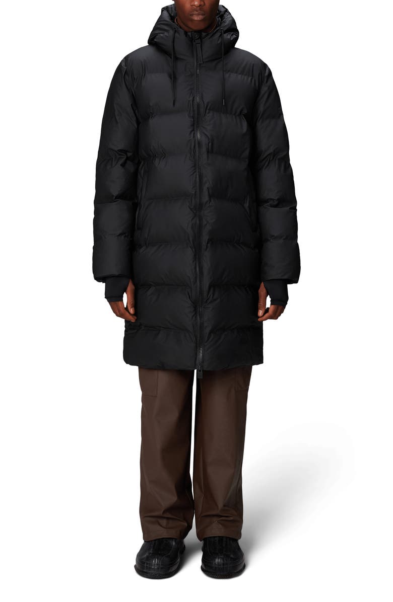 Rains Alta Waterproof Long Hooded Puffer Coat, Main, color,