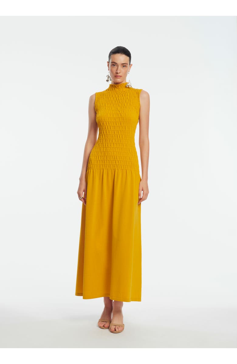 Lela Rose Smocked Knit Mock Neck Dress, Alternate, color, Mustard