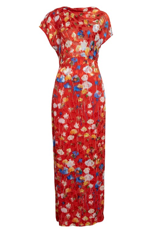 Lela Rose Floral Jacquard Draped-shoulder Ankle Sheath Dress In Poppy