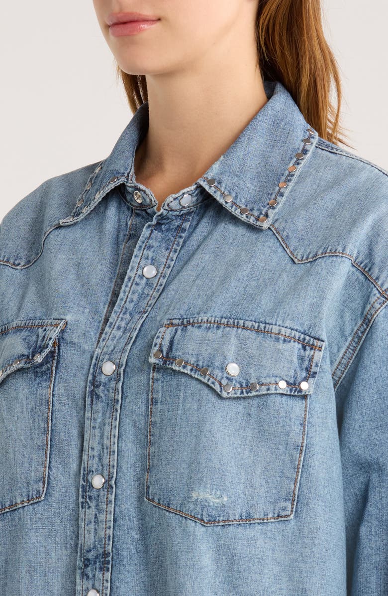Re/Done Distressed Western Stud Denim Shirt, Alternate, color, Vintage Biker Blue Stud