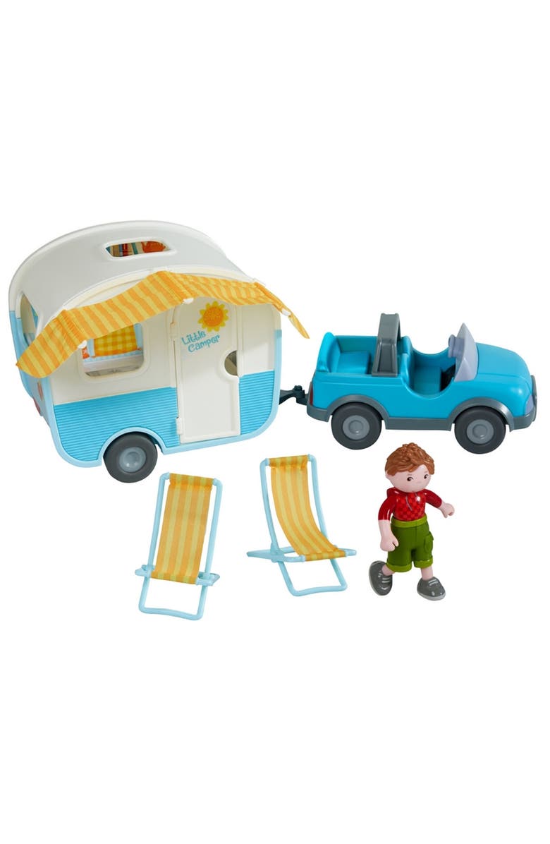 HABA Little Friends Vacation Camper Play Set with All Terrain Push & Go Vehicle, 2 Lawn Chairs and 4" Bendy Boy Doll Figure, Main, color, 