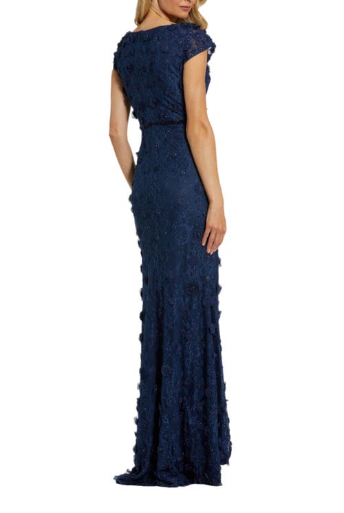 Mac Duggal Floral Applique Boar Neck Short Sleeve Gown In Midnight