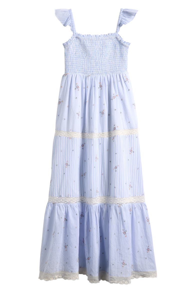 Kids' Rhiannon Floral Lace Trim Tiered Midi Dress, Main, color, SKY MIST
