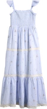 LoveShackFancy Kids' Rhiannon Floral Lace Trim Tiered Midi Dress