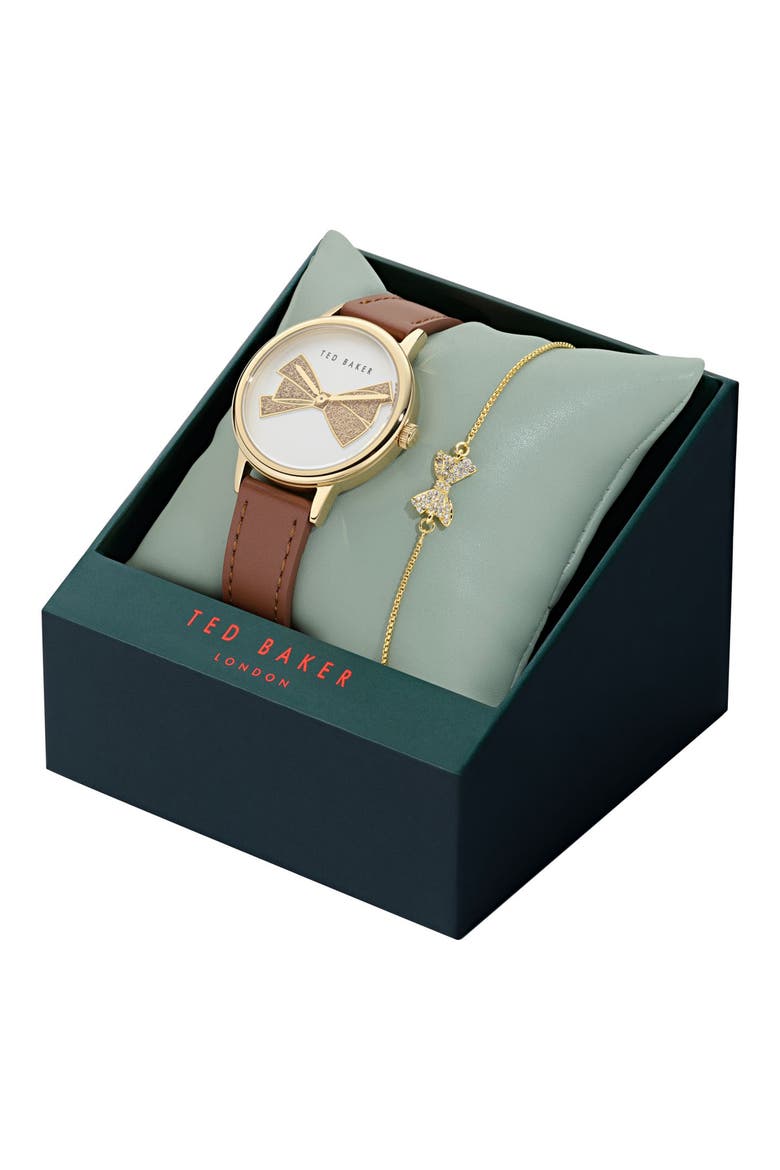 Phylipa Leather Strap Watch & Bracelet Set, 36mm, Alternate, color, BROWN
