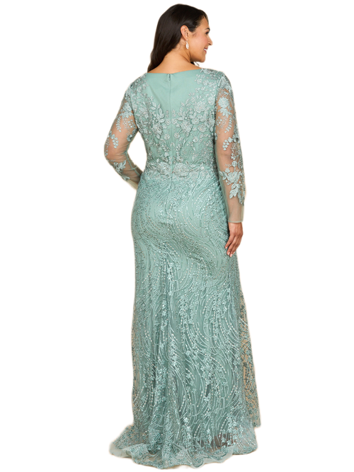 Lara New York Long Sleeve Gown With Overskirt & Illusion Neckline In Green