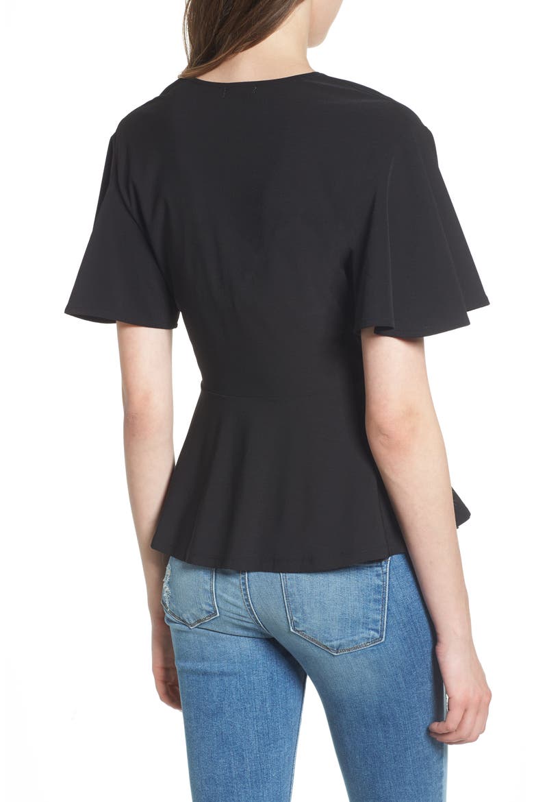 Flounce Sleeve Faux Wrap Top, Alternate, color, BLACK