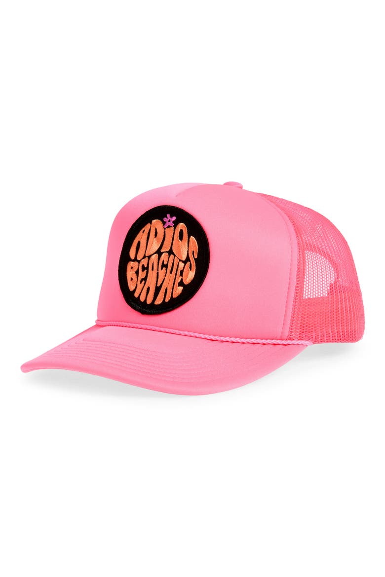 Adios Beaches Patch Trucker Hat, Main, color, NEON PINK