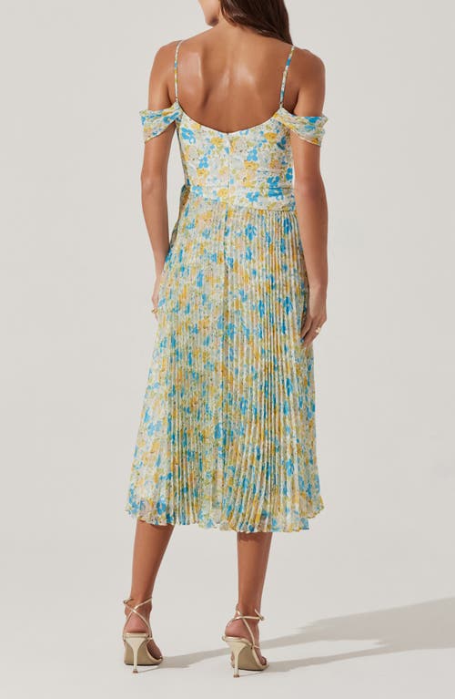 Astr The Label Floral Pleated Cold Shoulder Midi Dress In Blue Yellow Floral