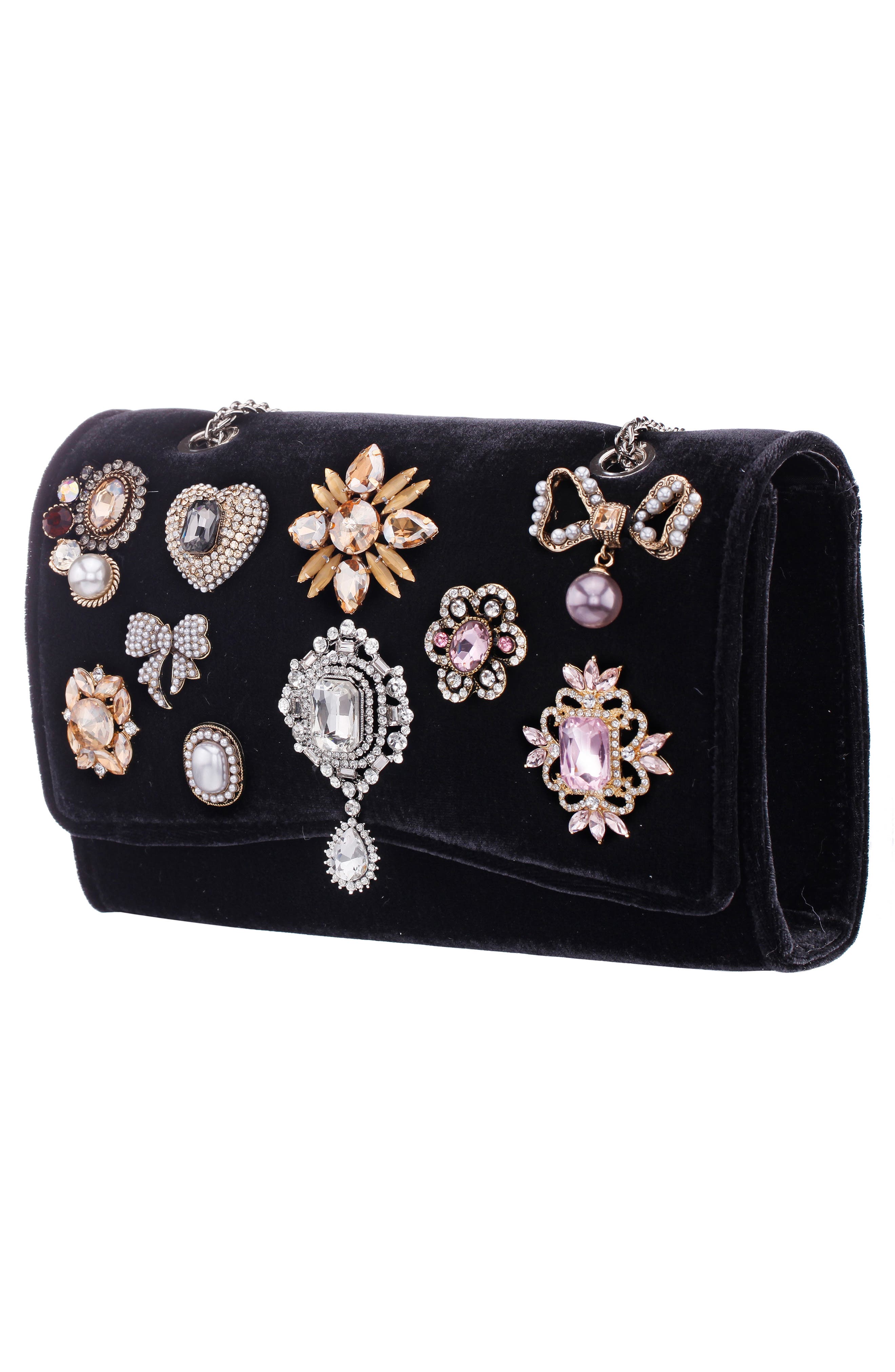 Navi Crystal Brooch Velvet Clutch, Alternate, color, BLACK