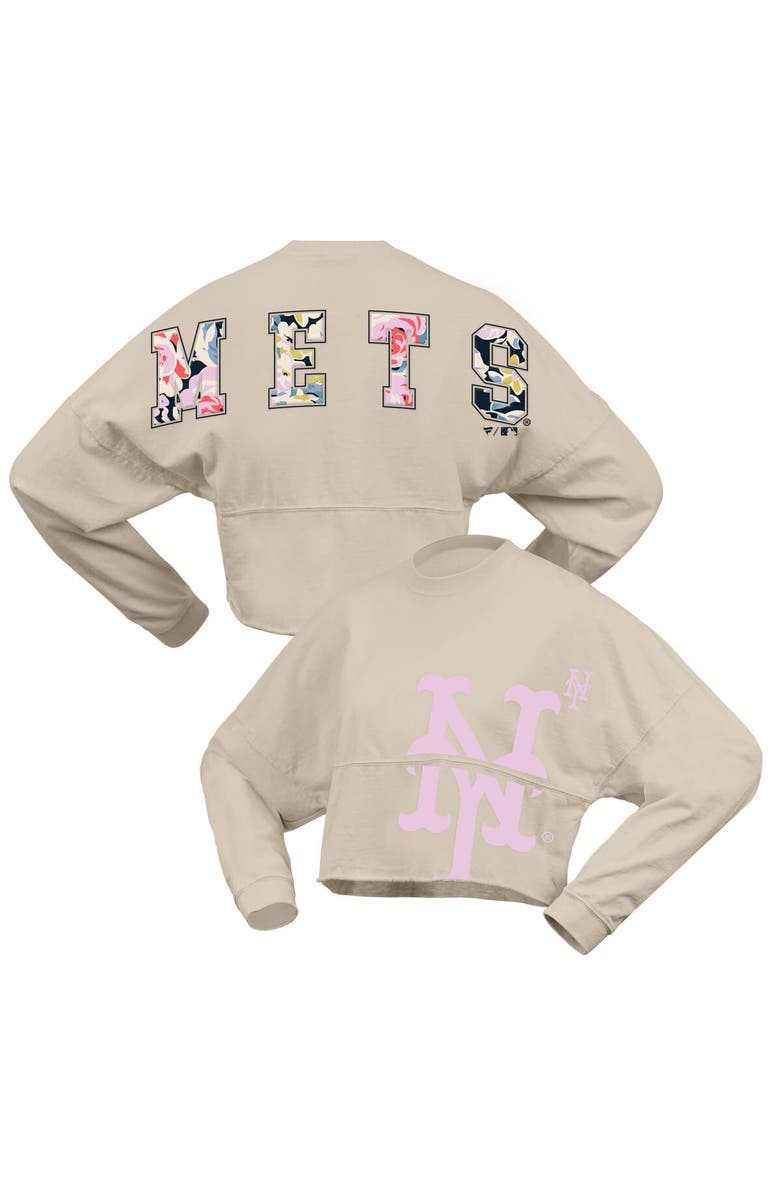 FANATICS Women's Fanatics  Cream New York Mets Floral Preppy Cropped Long Sleeve T-Shirt, Main, color, Cream