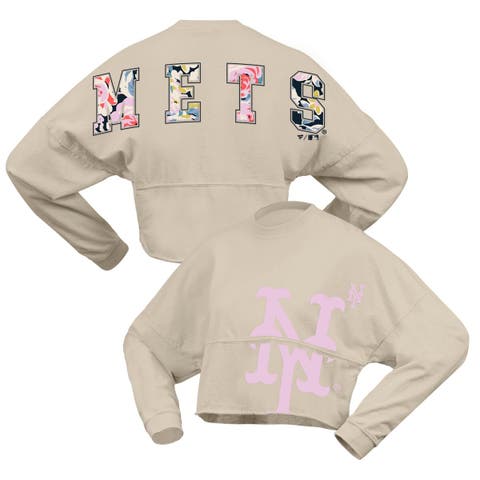 Women's Fanatics  Cream New York Mets Floral Preppy Cropped Long Sleeve T-Shirt