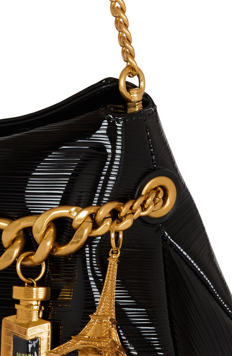 Balmain 1945 Charm Chain Soft Patent Leather Clutch, Alternate, color,
