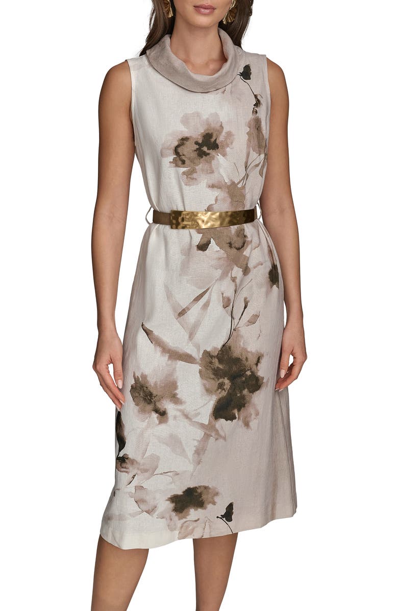 Donna Karan New York Floral Sleeveless Linen Blend Sheath Dress, Alternate, color, Cobblstone