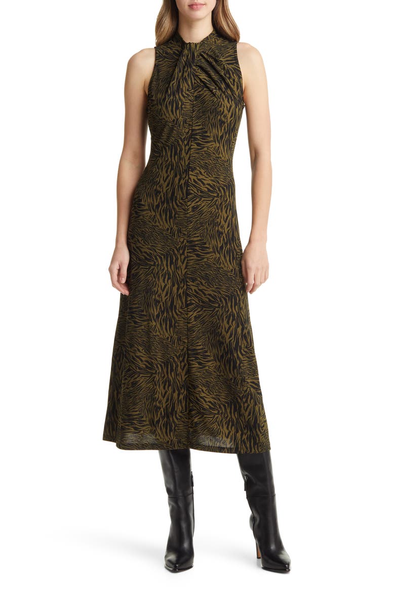 Twist Neck Animal Print Midi Dress, Main, color, OLIVE- BLACK SPLICE ANIMAL