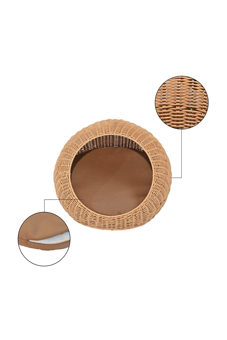Fiora 19.5" x 18" Modern Circular Faux Wicker Pet Bed with Machine-Washable Cushion, Alternate, color, Natural