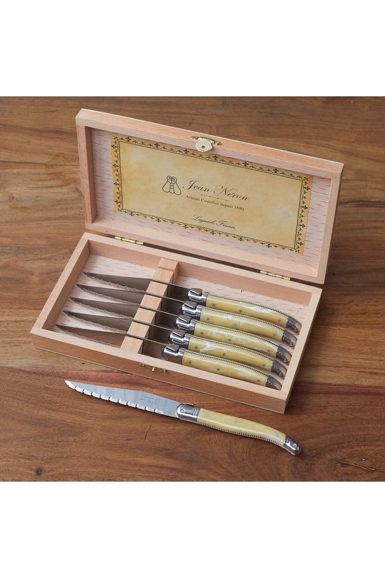 6 Piece Steak Knife Set, Platine Pale Horn in Wood Presentation Box, Alternate, color, Beige