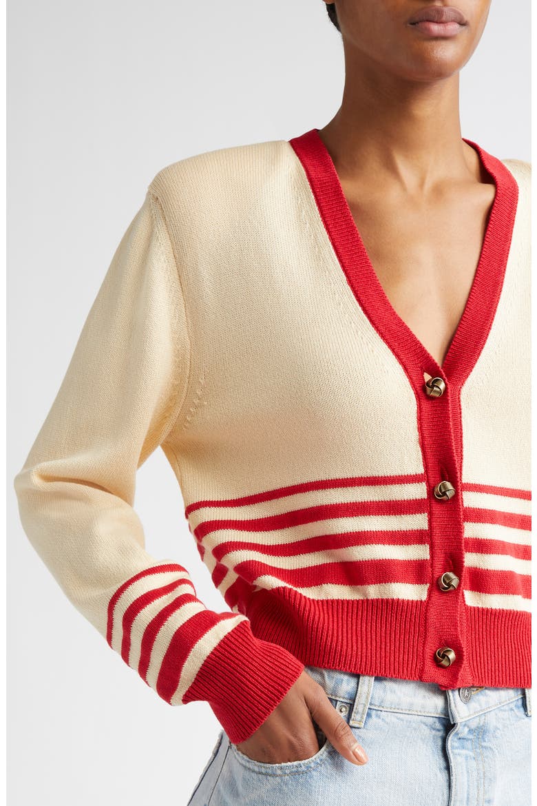 Nico Stripe Crop Cardigan, Alternate, color, SHORTBREAD/ HAUTE RED