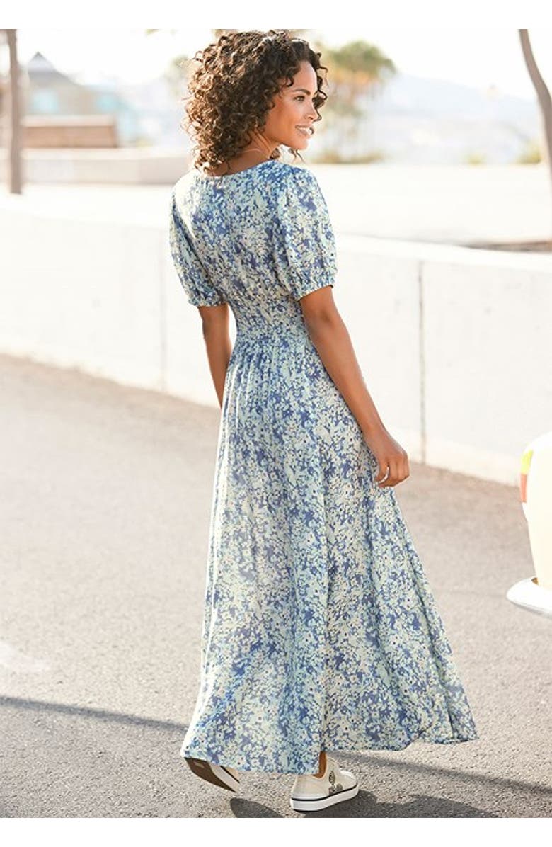 LASCANA Women's Floral Puff Sleeve Maxi Dress, Alternate, color, Navy Printed