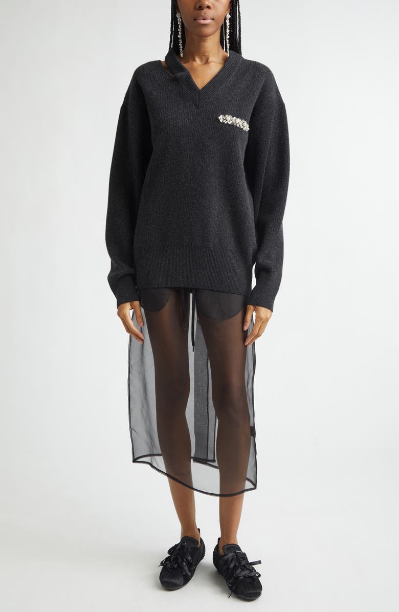 Simone Rocha Sheer Frayed Column Pencil Skirt, Alternate, color, Black/ Black