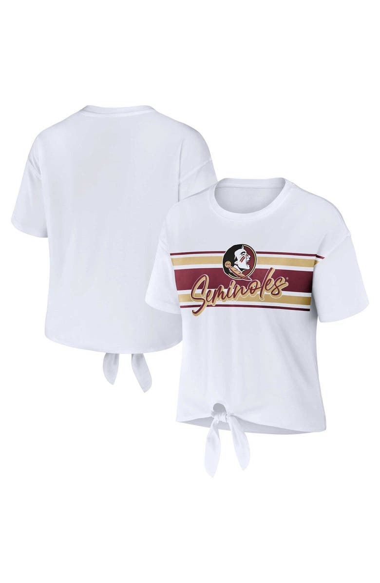 WEAR by Erin Andrews Women's WEAR by Erin Andrews White Florida State Seminoles Striped Front Knot Cropped T-Shirt, Main, color, 