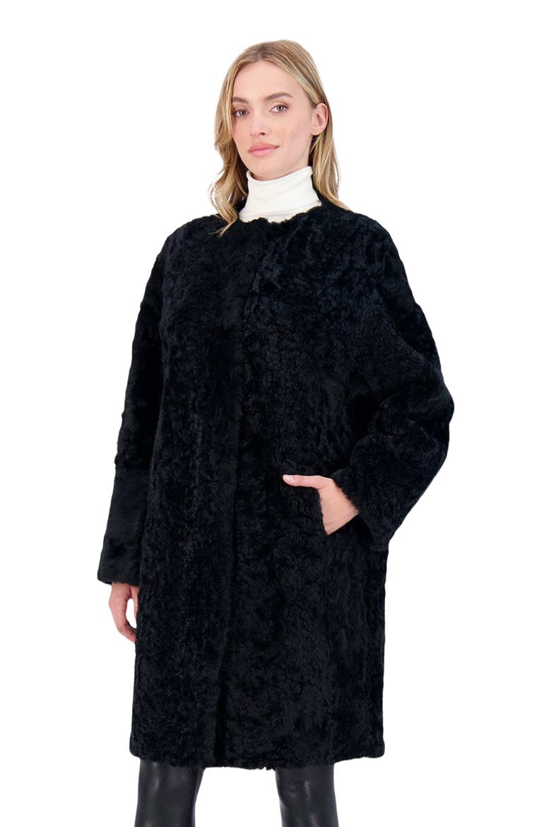 Reversible Collarless Genuine Shearling Short Coat, Alternate, color, BLACK/BLACK