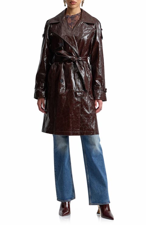 Belted Double Breasted Faux Leather Trench Coat