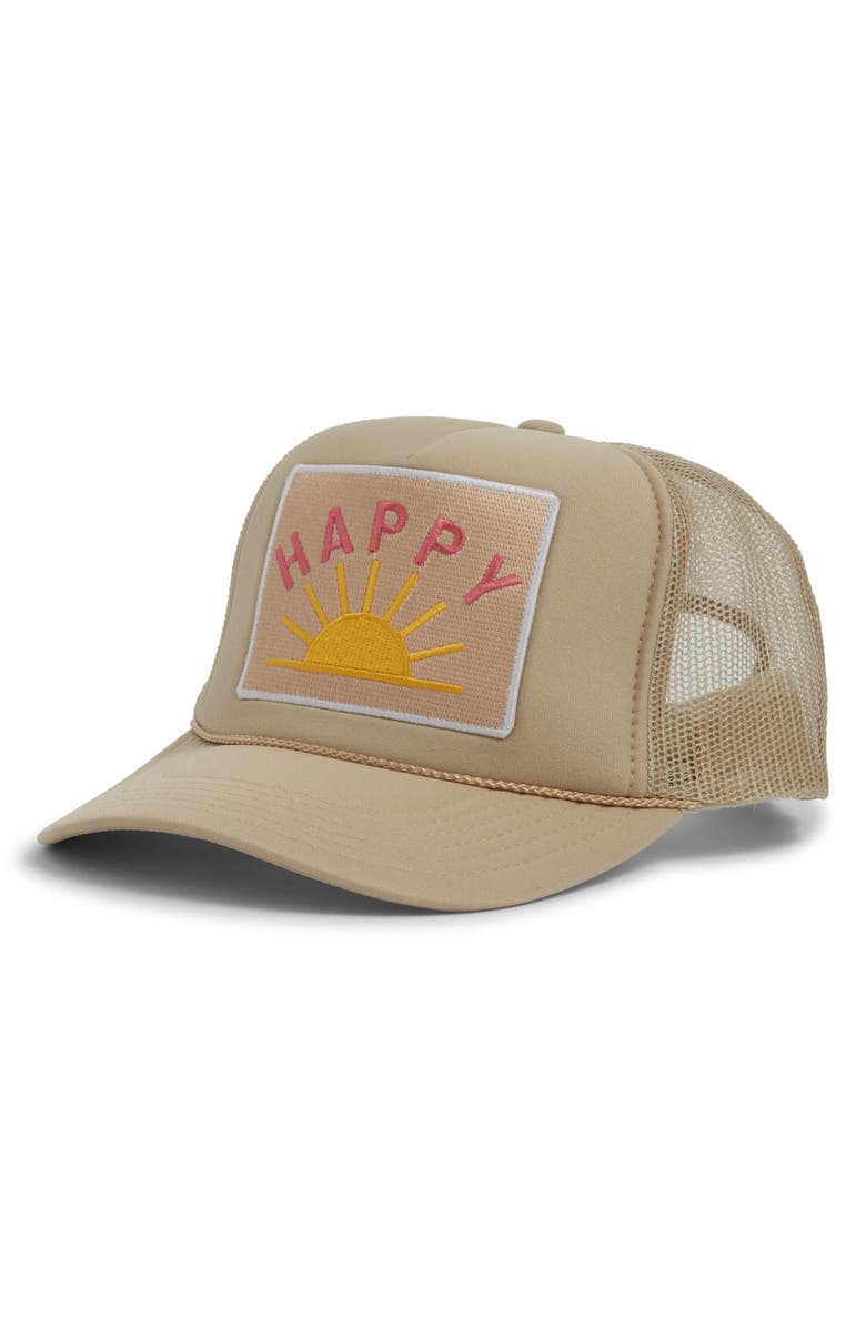 Friday Feelin’ Happy Patch Trucker Hat, Main, color, Tan