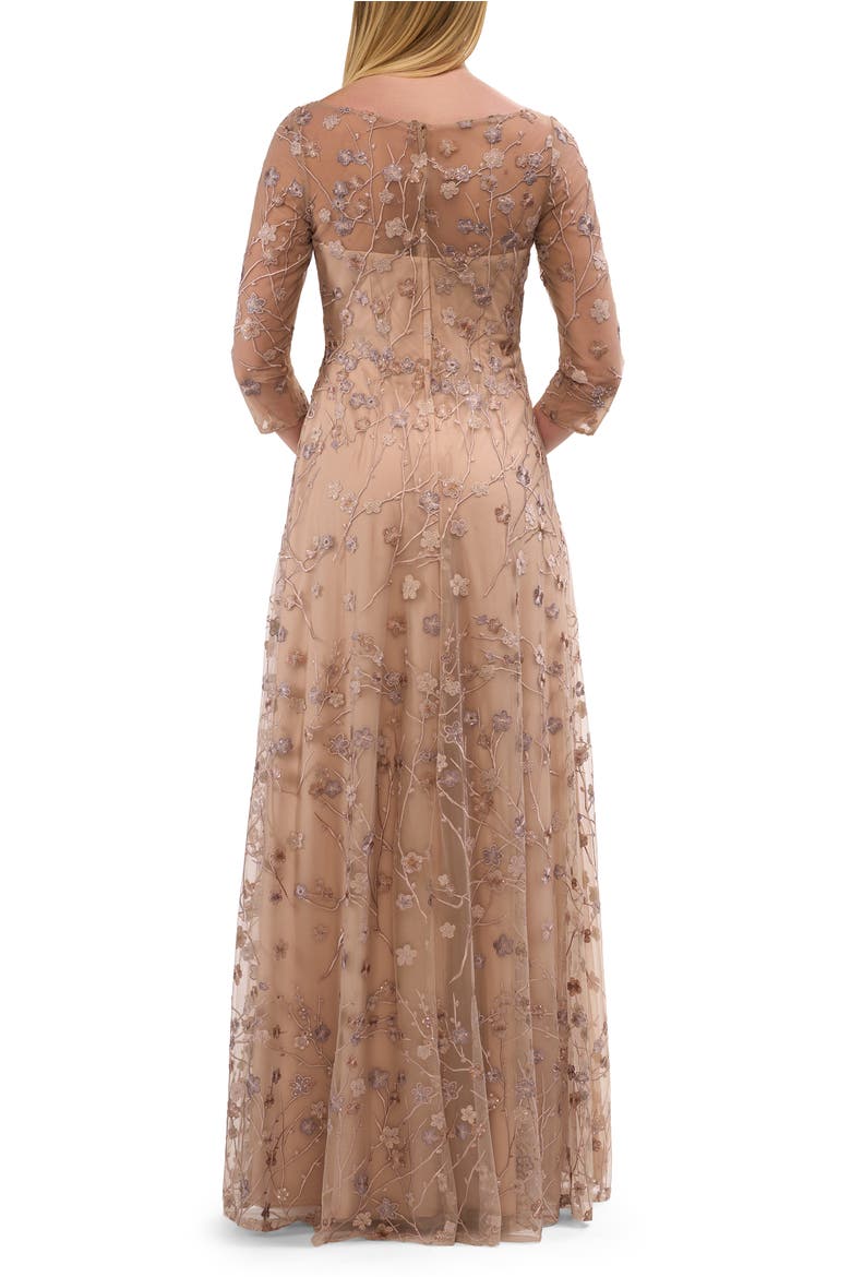 Floral Long Gown with Illusion Neckline and Three Quarter Sleeves, Alternate, color, Cocoa