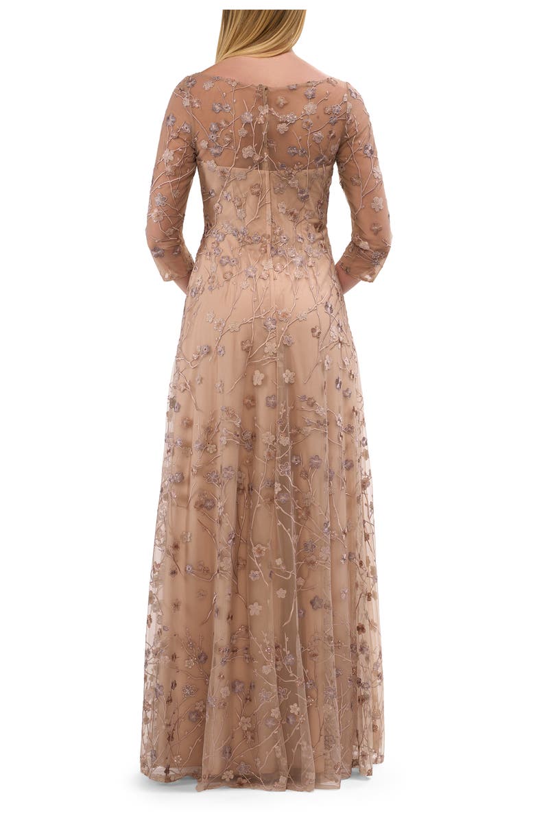 La Femme Floral Long Gown with Illusion Neckline and Three Quarter Sleeves, Alternate, color, Cocoa