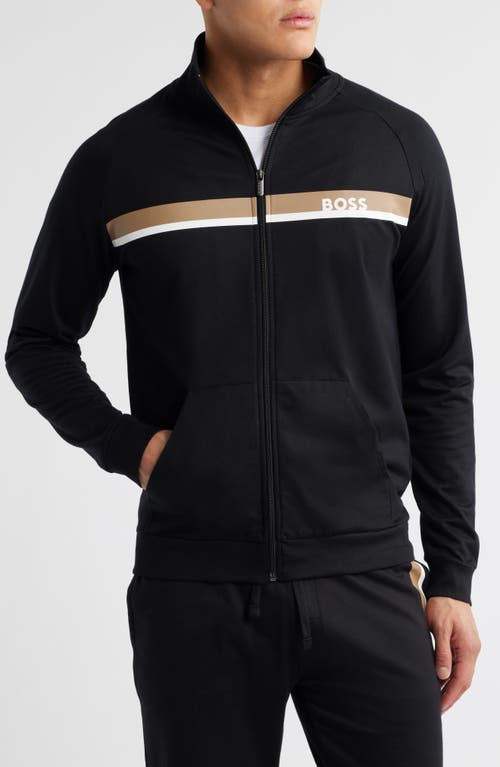 Hugo Boss Cotton-terry Zip-up Jacket With Metallic Logo In Black