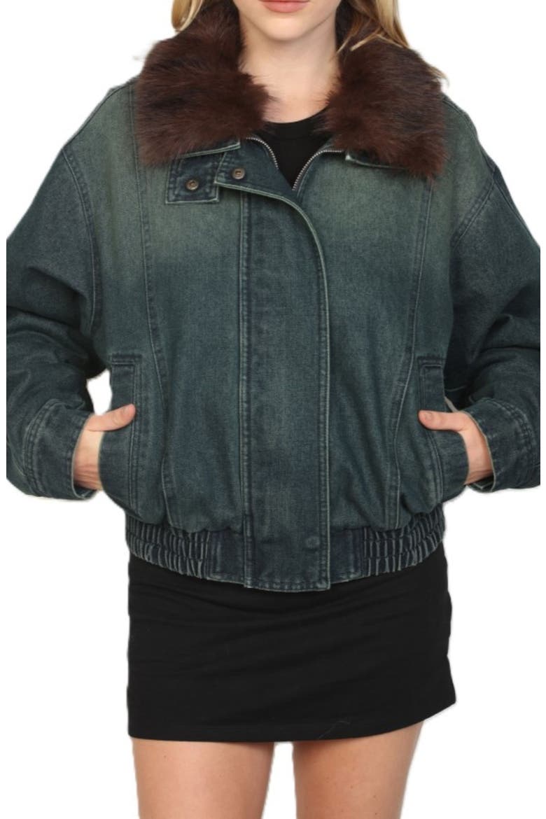Faux Fur Collar Denim Bomber Jacket, Main, color, BLUE TINT