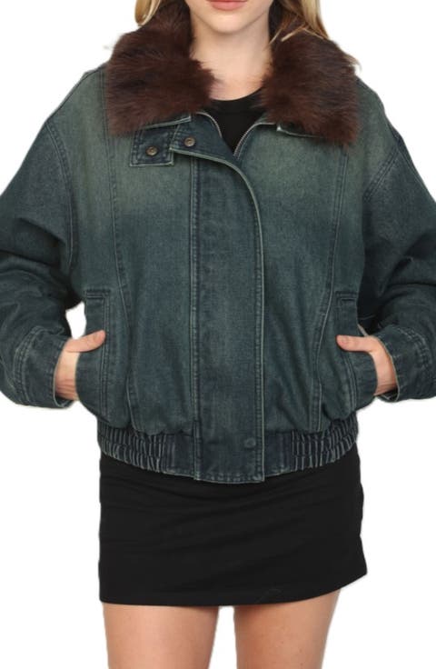 Faux Fur Collar Denim Bomber Jacket