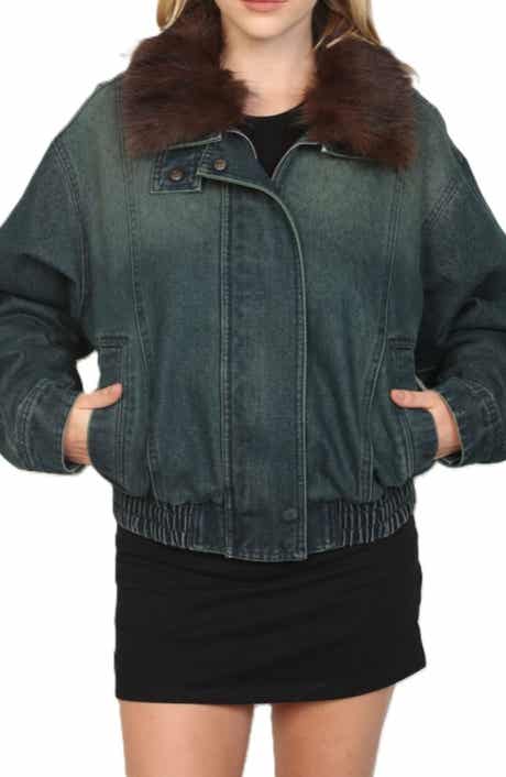 Faux Fur Collar Denim Bomber Jacket