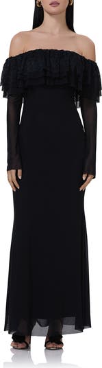 Betty Off the Shoulder Long Sleeve Mesh Maxi Dress