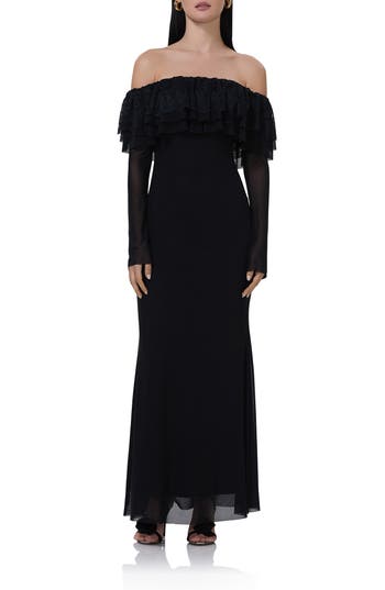 AFRM AFRM BETTY OFF THE SHOULDER LONG SLEEVE MESH MAXI DRESS 