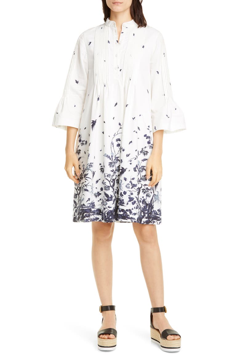 Floral Pintuck Cotton Poplin Shift Dress, Main, color, WHITE/ BLUE