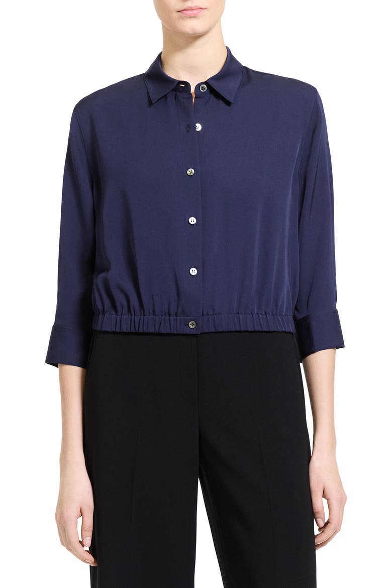 Elastic Hem Silk Button-Up Shirt, Main, color, MIDNIGHT NAVY - RL0