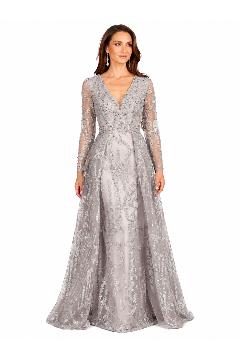 Beaded Faux-Wrap V-Neck Bridal Gown, Alternate, color, Slate