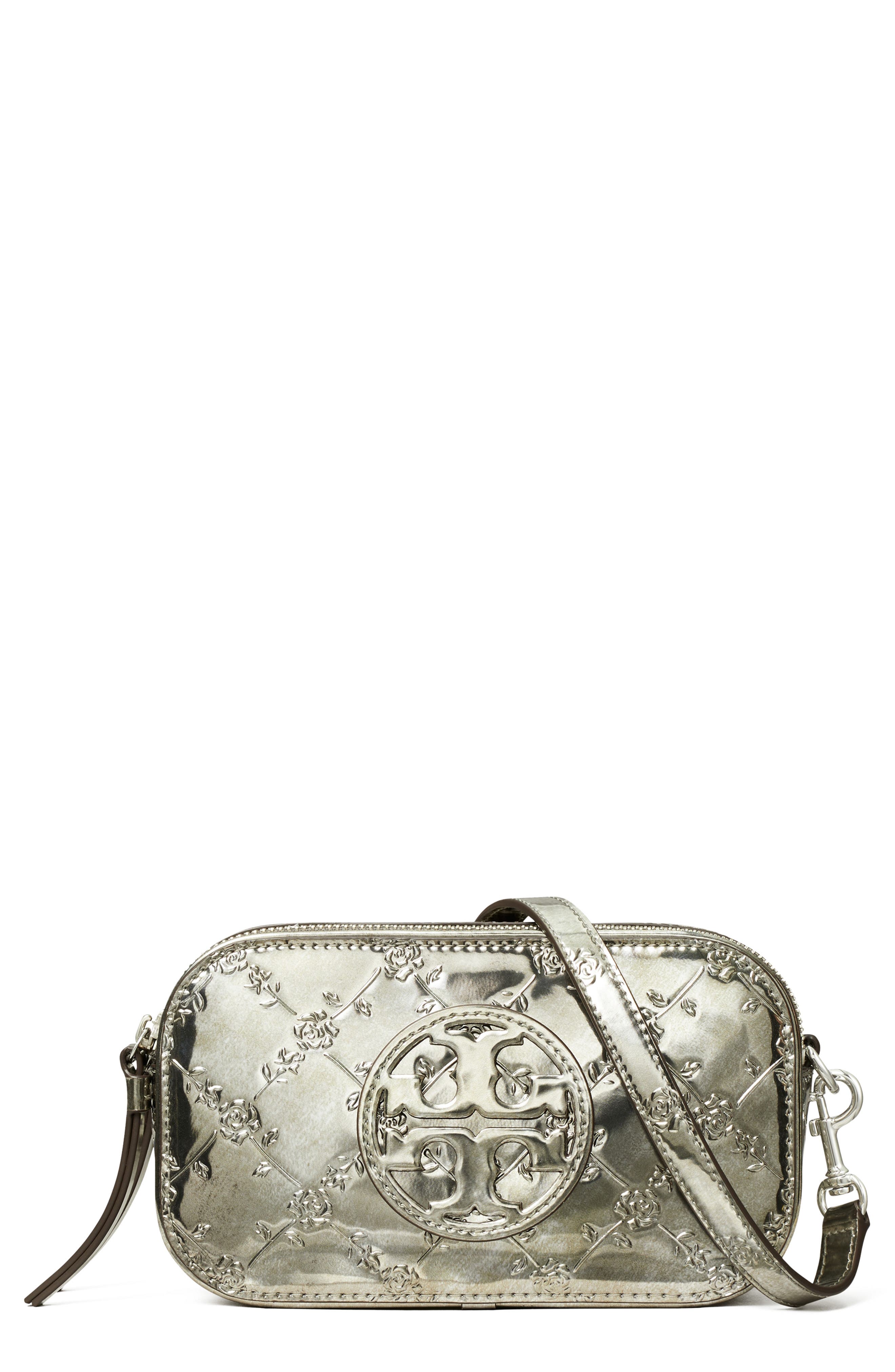 Tory Burch Mini Miller Embossed Floral Metallic Leather Crossbody Bag, Main, color, 
