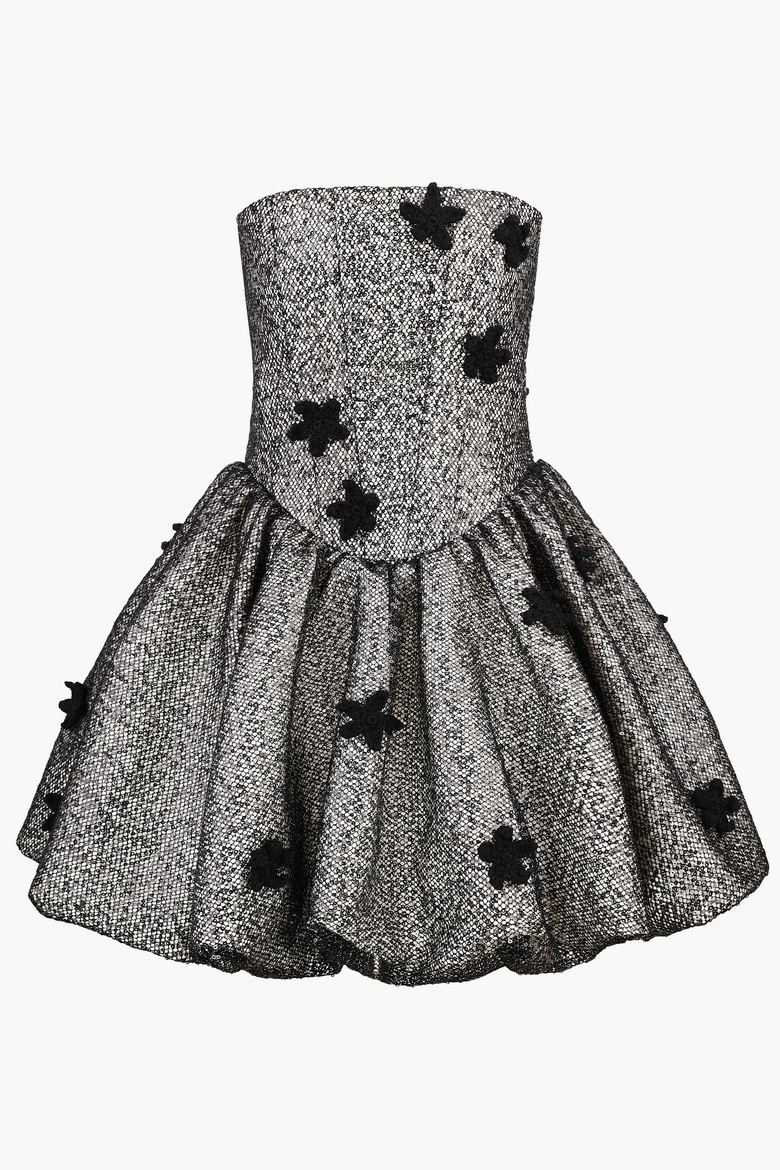 Sequin Balloon-Hem Mini Dress With Crochet Florals, Main, color, Black